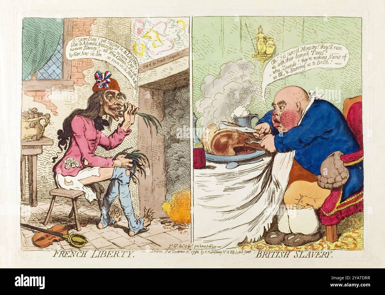Una stampa incisione a colori di French Liberty English Slavery acquerello su carta vintage del XVIII secolo creata da James Gillray arte a stampa antica caricature umane, stampa satirica cartoon politico stampa antica, relazioni anglo-francesi Foto Stock