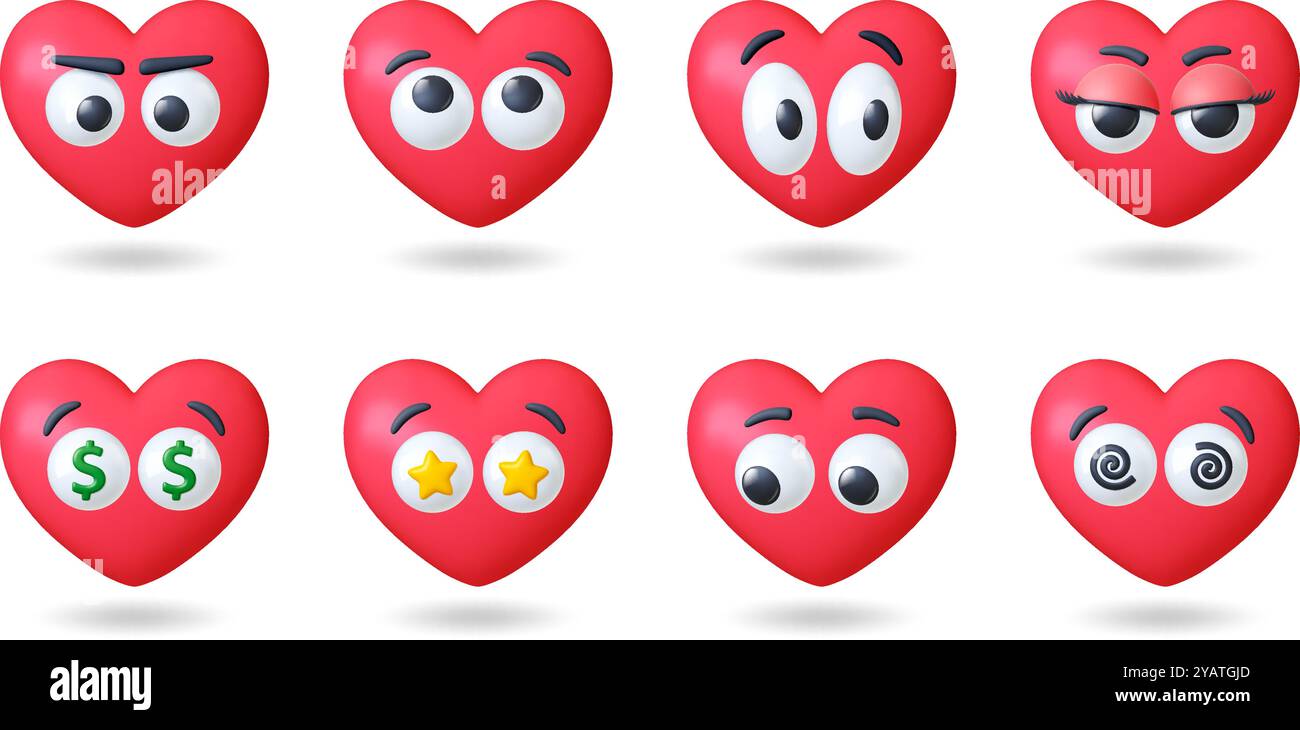 3d Red Hearts 3d con volti. Ama i simboli emotivi, carino cuore dei cartoni animati con grandi occhi. Faccia divertente e romantica, stelle del denaro a sorpresa negli occhi, set vettoriale Illustrazione Vettoriale