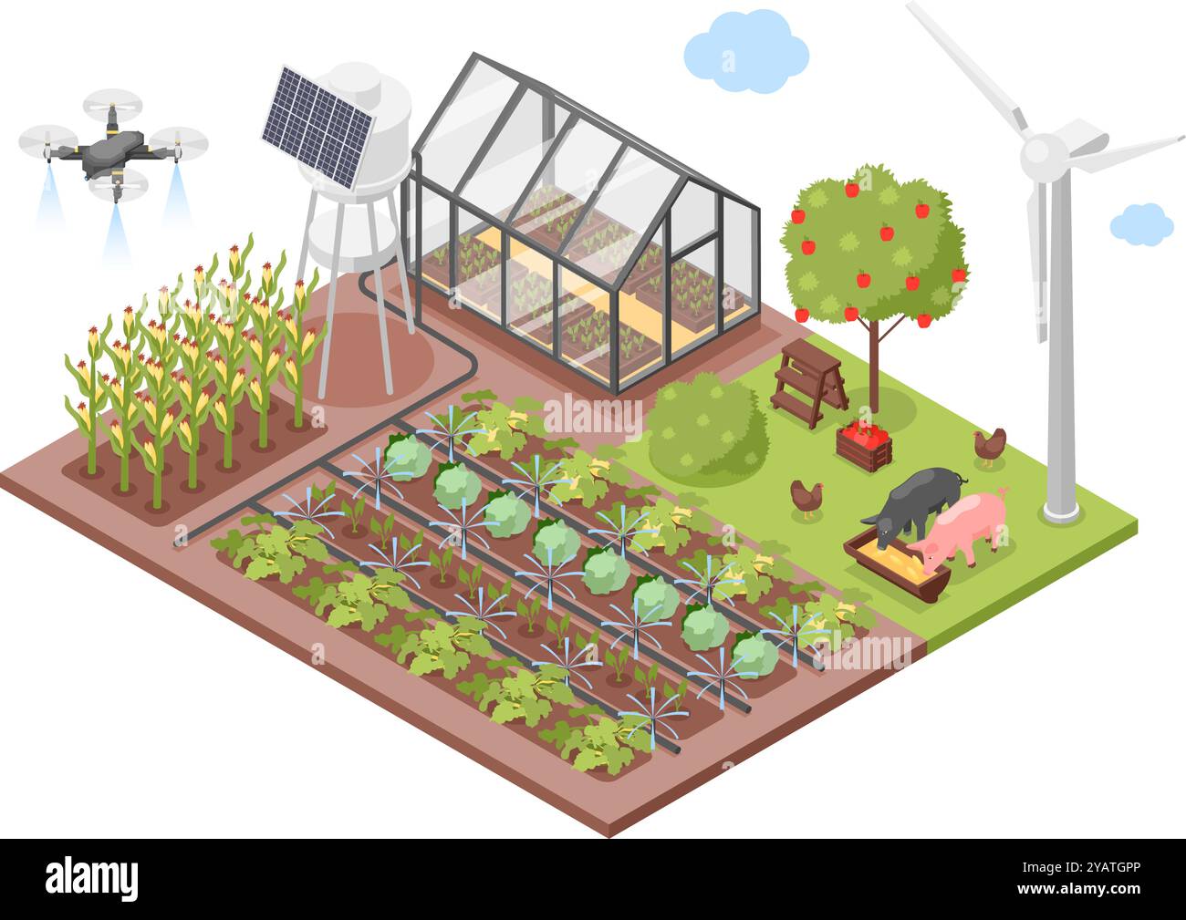 Scena isometrica Smart Farm. Complesso agricolo con moderno sistema solare, mulino a vento e drone per innaffiare. Tecnologie moderne nell'agricoltura impeccabile Illustrazione Vettoriale