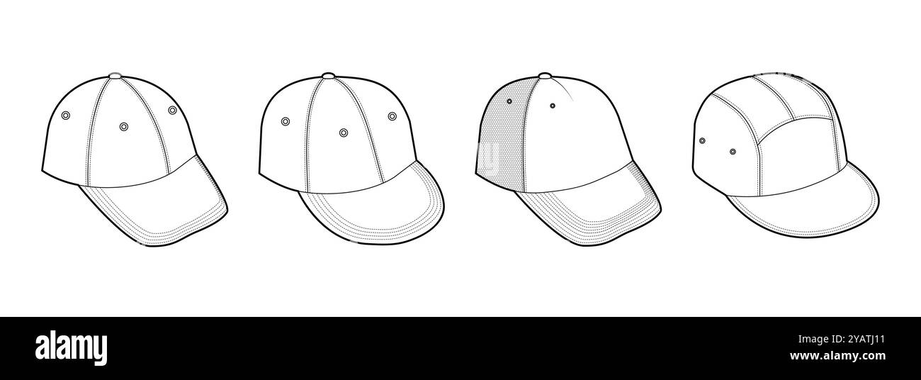 Set di cappucci - Trucker Baseball Dad Hip-Hop, cappello a cinque pannelli. Illustrazione tecnica dell'abbigliamento accessorio Summer Head Fashion. Bretella di fissaggio vettoriale, modello piatto, disegno CAD, contorno di schizzo isolato Illustrazione Vettoriale