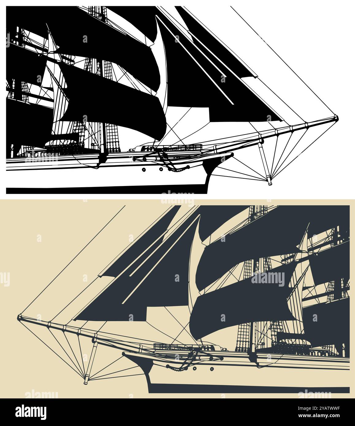 Illustrazioni vettoriali stilizzate di un veliero in primo piano Illustrazione Vettoriale