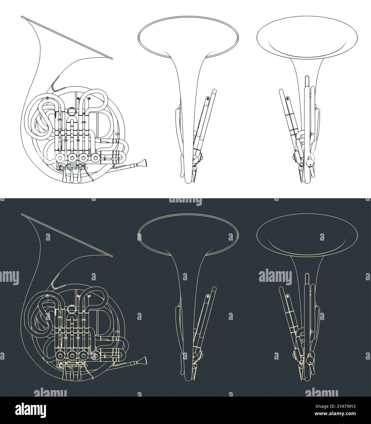 Illustrazione vettoriale stilizzata dei progetti di un corno francese Illustrazione Vettoriale