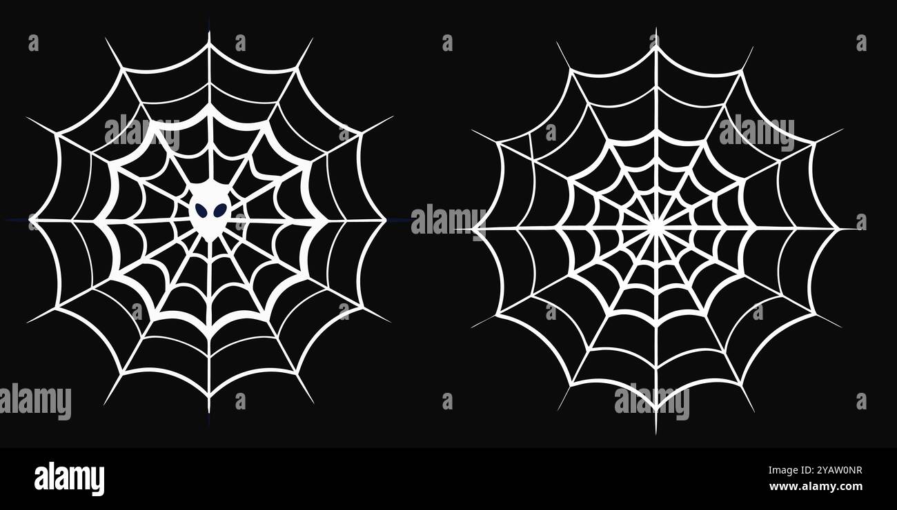 Spaventoso Halloween Spider Web Design su sfondo nero per i disegni di striscioni di Halloween e le decorazioni spaventose. Illustrazione Vettoriale