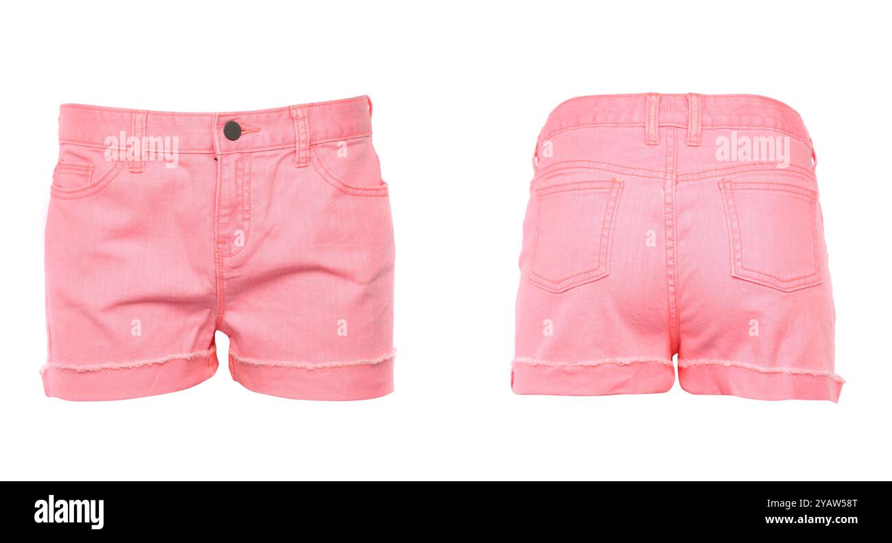 Shorts da donna con jeans isolati su sfondo bianco. Anteriore. Indietro. Foto Stock