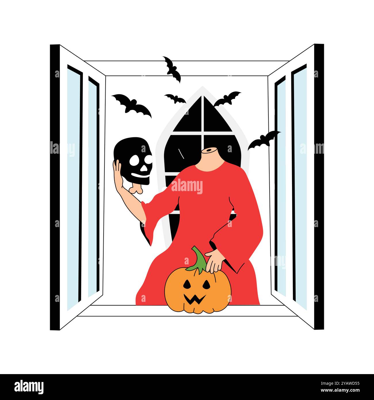 Una persona con un costume spettrale decora una finestra con motivi di Halloween Illustrazione Vettoriale