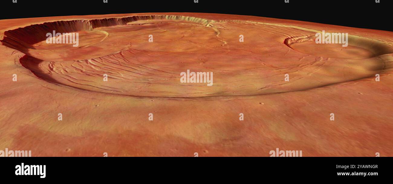 Mars Express immagine: Olympus Mons caldera in prospettiva fonte: Agenzia spaziale europea pubblicato mercoledì 11 agosto 2004. Questa vista prospettica mostra la complessa caldera dell'Olympus Mons su Marte, il vulcano più alto del nostro sistema solare. Olympus Mons ha un'altitudine media di 22 chilometri e la caldera, o cratere sommitale, ha una profondità di circa 3 chilometri. I dati sono stati recuperati durante l'orbita 143 di Mars Express il 24 febbraio 2004. Foto Stock