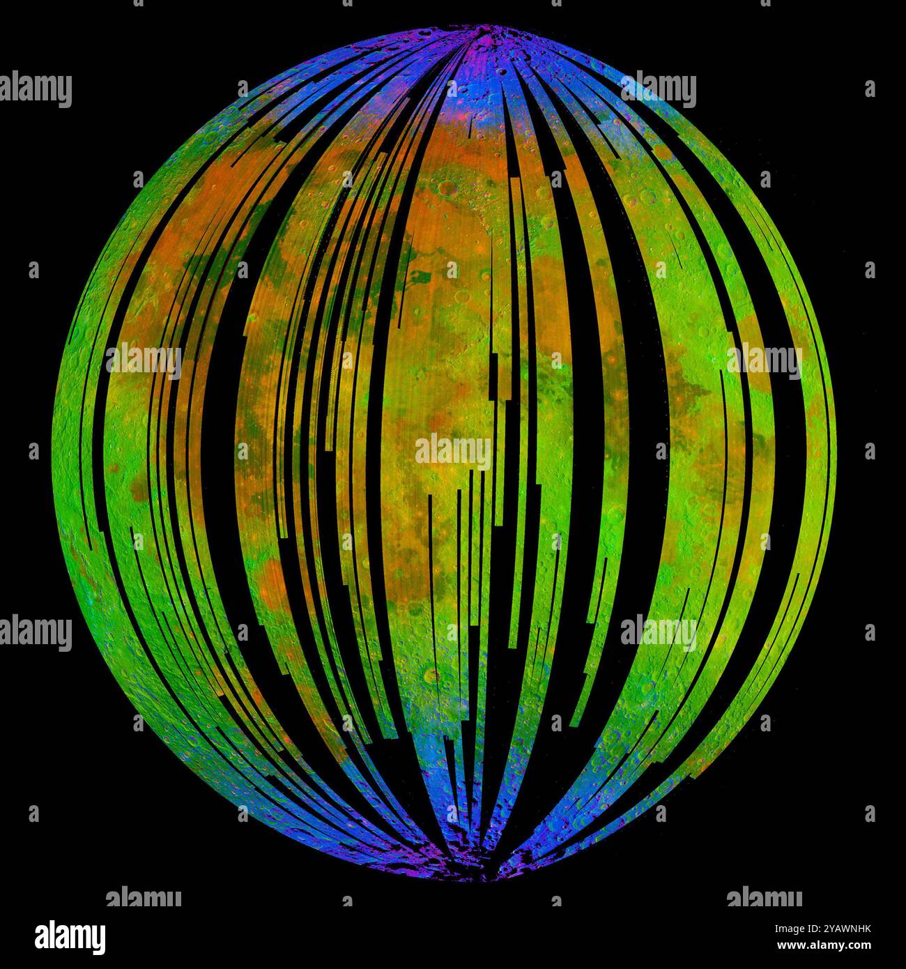 Questa immagine della luna è tratta dal Mapper di Mineralogia della Luna della NASA nella missione Chandrayaan-1 dell'Indian Space Research Organization. È un composto di tre colori di radiazione riflessa vicino all'infrarosso dal sole, e illustra la misura in cui diversi materiali sono mappati attraverso il lato della luna che si affaccia sulla Terra. Foto Stock