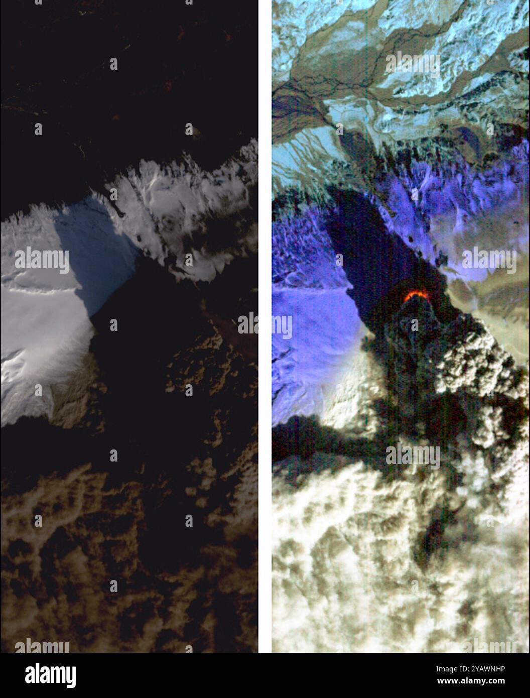 Il 17 aprile 2010, lo strumento Hyperion a bordo della navicella EO-1 della NASA ha ottenuto questa coppia di immagini dell'eruzione del vulcano Eyjafjallajökull islandese. Sull'immagine di sinistra, creata da lunghezze d'onda visibili, sono visibili nuovi depositi di cenere nera sul terreno, così come vicino brillante ghiaccio e neve incontaminati e il pennacchio bruno del vulcano. Il colore scuro del pennacchio riflette il suo grande contenuto di cenere. Queste sottili particelle di roccia polverizzata vengono trasportate in alto nell'atmosfera, dove creano un pericolo per l'aviazione e vengono trasportate a lunghe distanze dai venti prevalenti. Foto Stock