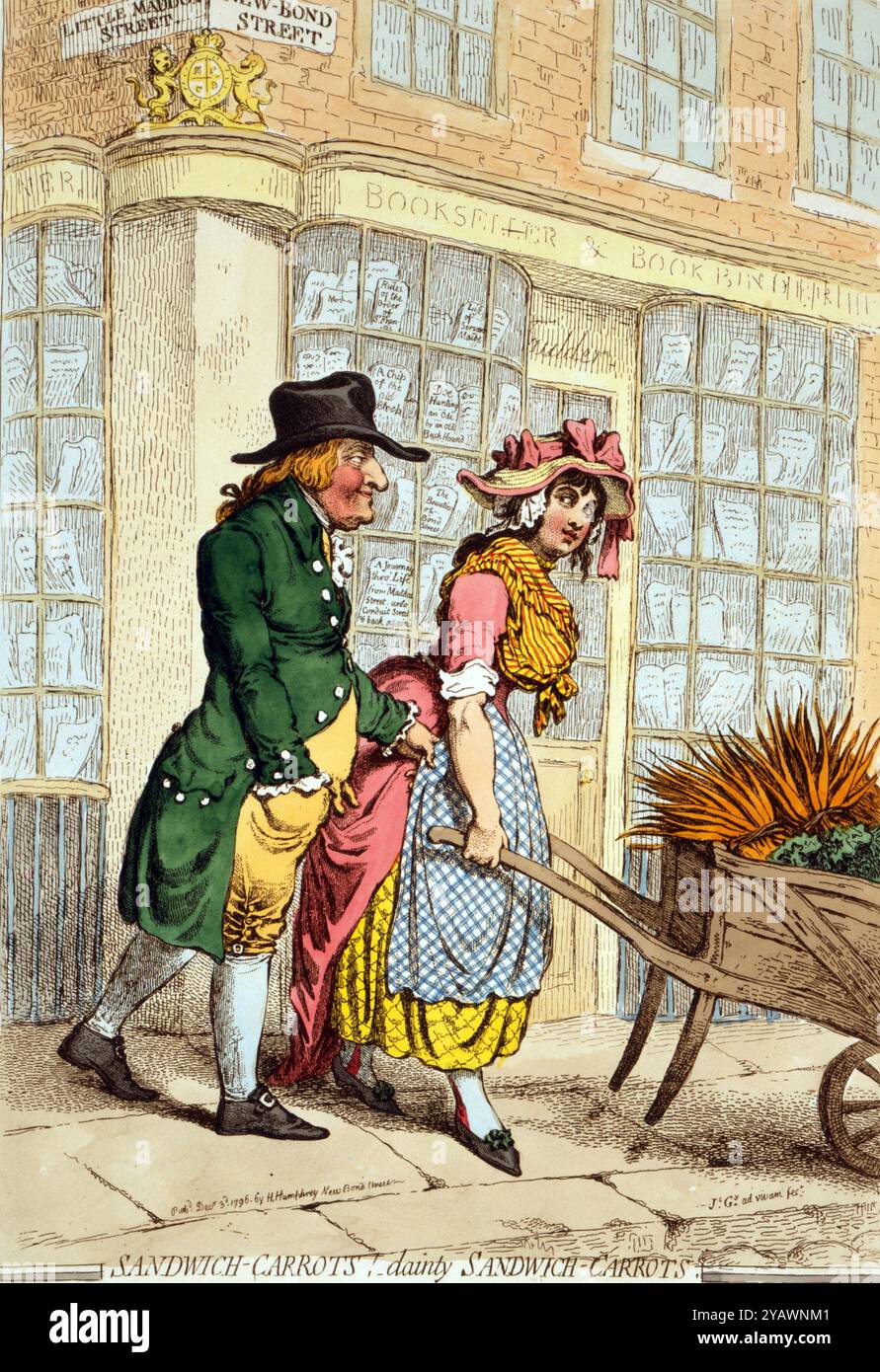 Panini di carote! Di James Gillray. Londra, 1796. Una ragazza buxom che spinge una carriola di carote lungo Bond Street, guardando alle spalle un uomo più anziano, forse il figlio di John Montagu, IV conte di Sandwich, che sta tirando il grembiule. Sullo sfondo c'è una libreria che espone le armi reali. Nella finestra sono esposti libri con i titoli "A Chip of the Old Block"; "Doe Hunting an Ode by an Old Buck Hound"; "A List of Servicant Maids"; "The Beauties of Bond Street"; e "A Journey through Life--from Maddox Street to Conduit Street & Back Again". Foto Stock
