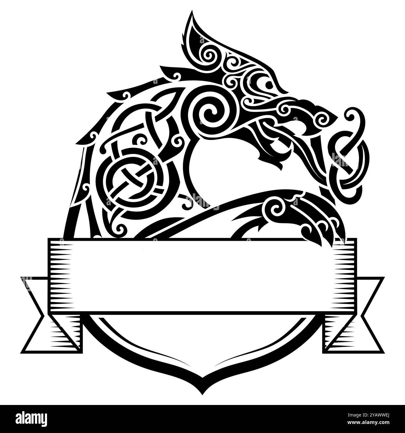 Design scandinavo vichingo. Testa e telaio Fenrir Wolf disegnati in stile celtico norreno Illustrazione Vettoriale