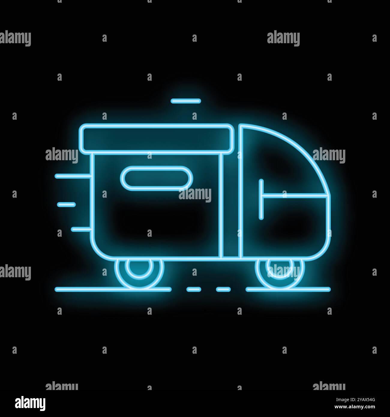 Insegna al neon che raffigura un robot di consegna a guida autonoma che trasporta rapidamente un pacco, simboleggiando l'efficienza nella logistica e nella tecnologia Illustrazione Vettoriale