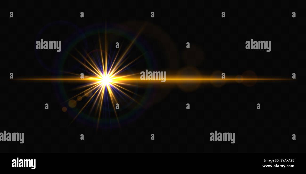 La luce dorata brillante irrompe con un riflesso della lente arcobaleno su sfondo nero, creando un effetto dinamico e futuristico. Bagliore lente, luce stellare effe Illustrazione Vettoriale