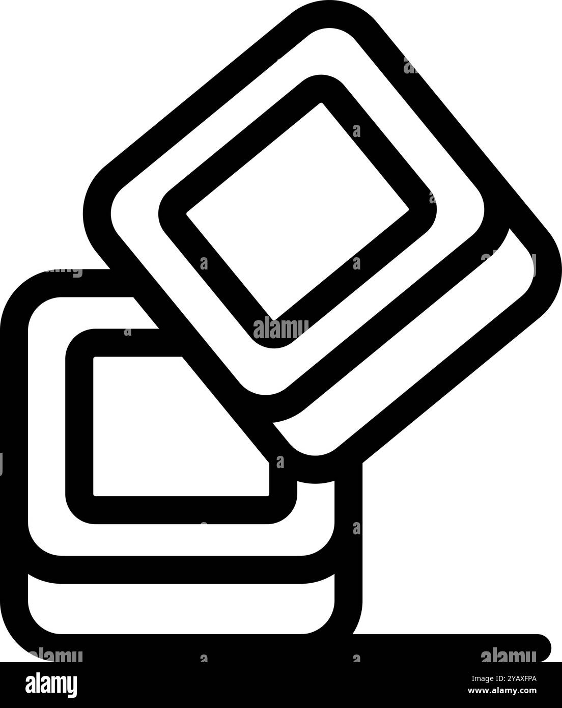 Semplice icona nera con due bolle quadrate che si sovrappongono, una leggermente aperta, che rappresenta la comunicazione Illustrazione Vettoriale