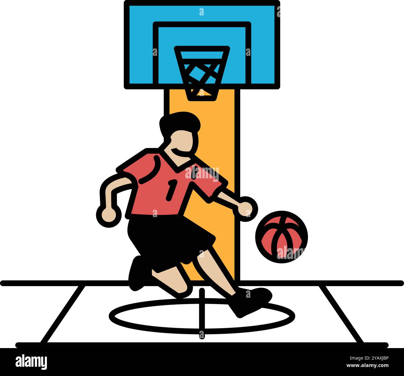 Un uomo con una maglietta rossa corre verso un basket. Indossa una maglia numero 1 Illustrazione Vettoriale