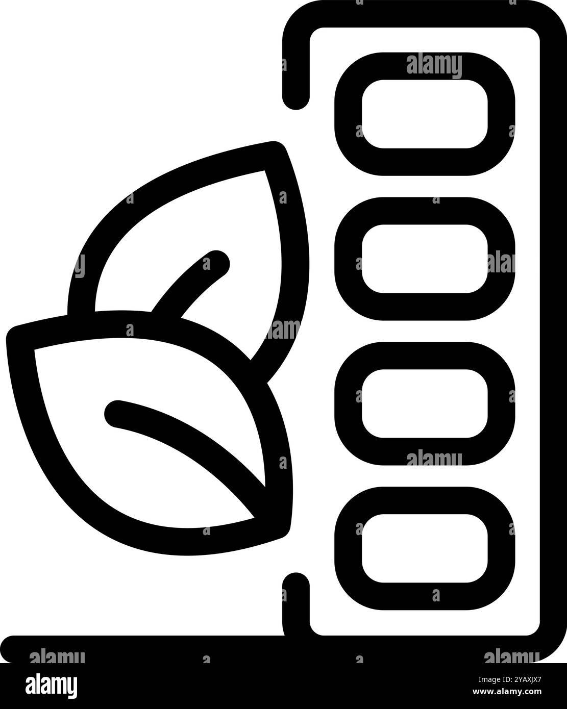 Semplice icona di una foglia accanto a un pacchetto di pillole che rappresentano la medicina erboristica e rimedi naturali Illustrazione Vettoriale