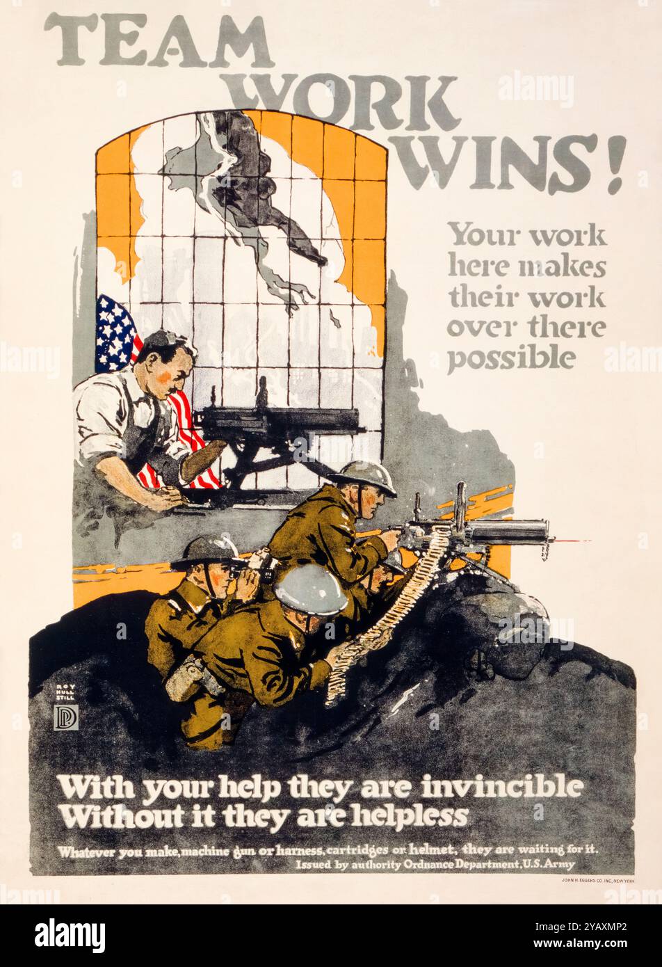 American, US, WW1, Productivity poster, Team Work Wins!, il vostro lavoro qui rende possibile il loro lavoro laggiù, poster di Roy Hull Still, 1917-1919 Foto Stock