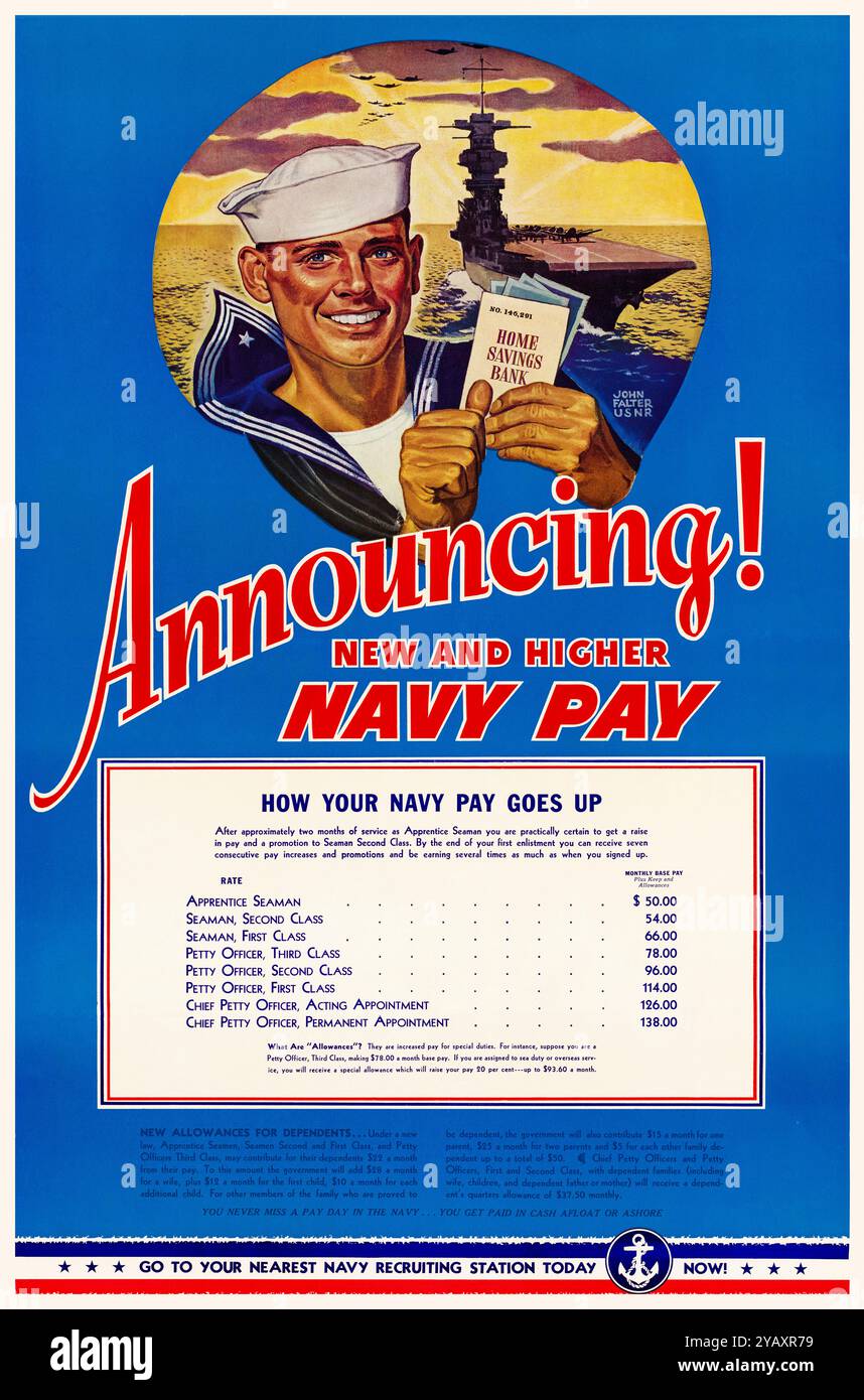 Annuncio! New and Higher Navy Pay, American, US, WW2, Recruitment poster di John Falter, 1942-1945 Foto Stock