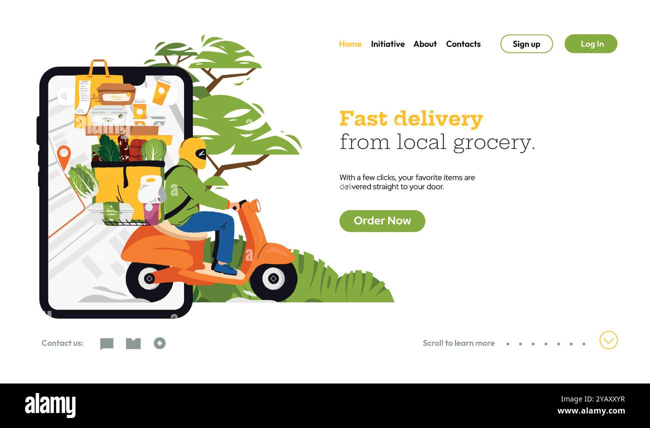 Concetto di consegna del cibo. Servizio fast food, consegna pacchi pizza e sushi, ordine online con mappa di navigazione e indicazioni. Illustrazione vettoriale Illustrazione Vettoriale