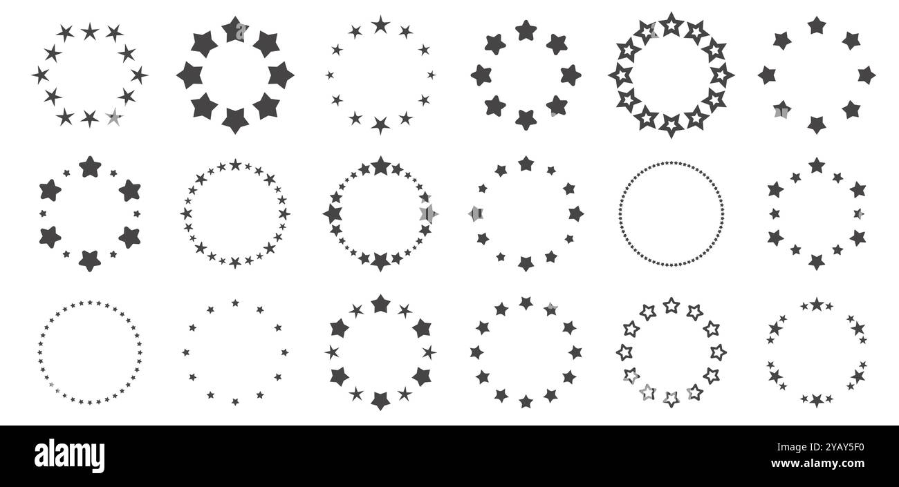 Stelle con cornice rotonda. Cornice rotonda astratta con scintillanti simboli a stella, premio nazionale vintage e badge di valutazione, elemento decorativo per striscioni. Vettore isolato Illustrazione Vettoriale