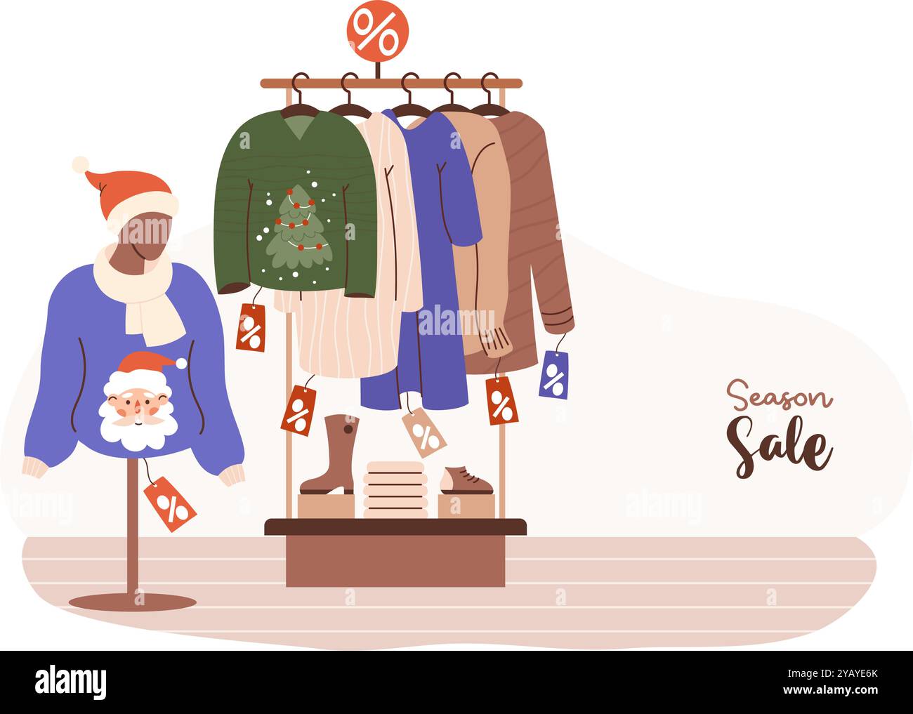 Poster dei saldi stagionali. Negozio di articoli per lo shopping natalizio. Abiti alla moda su appendiabiti e scarpe e manichino in brutto maglione natalizio con Babbo Natale. Illustrazione vettoriale Illustrazione Vettoriale