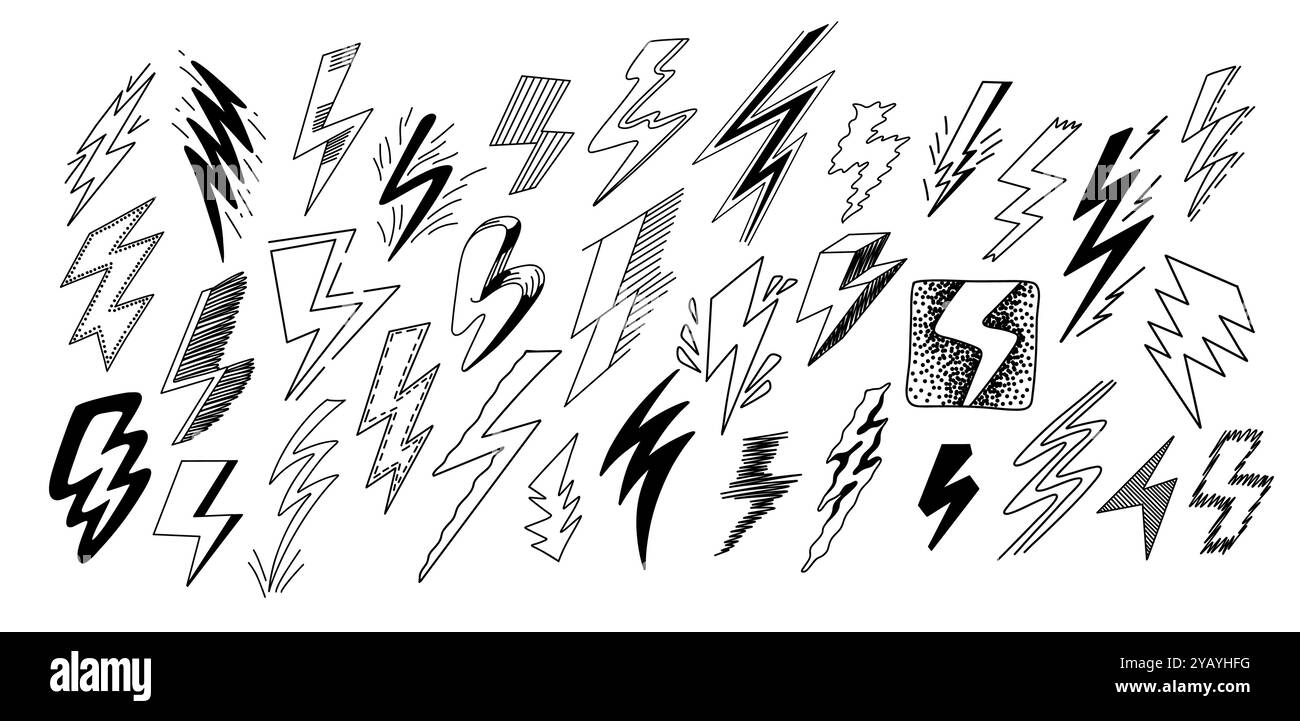 Schizzo scarabocchio fulminante. Icone di fulmini e fulmini elettrici disegnati a mano in stile retrò. Carino e spaventoso set di vettori di segnali meteorologici temporali Illustrazione Vettoriale