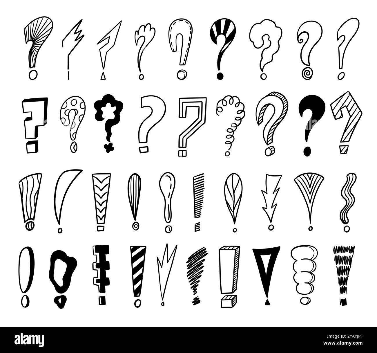 Icone di esclamazione e domanda Doodle. Segni di punteggiatura disegnati a mano e simboli dei segni interrogativi. Set isolato vettoriale Illustrazione Vettoriale