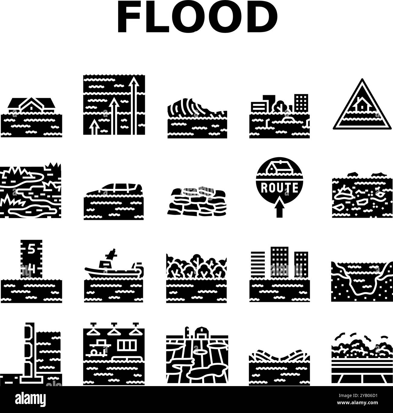 le icone delle inondazioni e delle piogge catastrofiche impostano il vettore Illustrazione Vettoriale