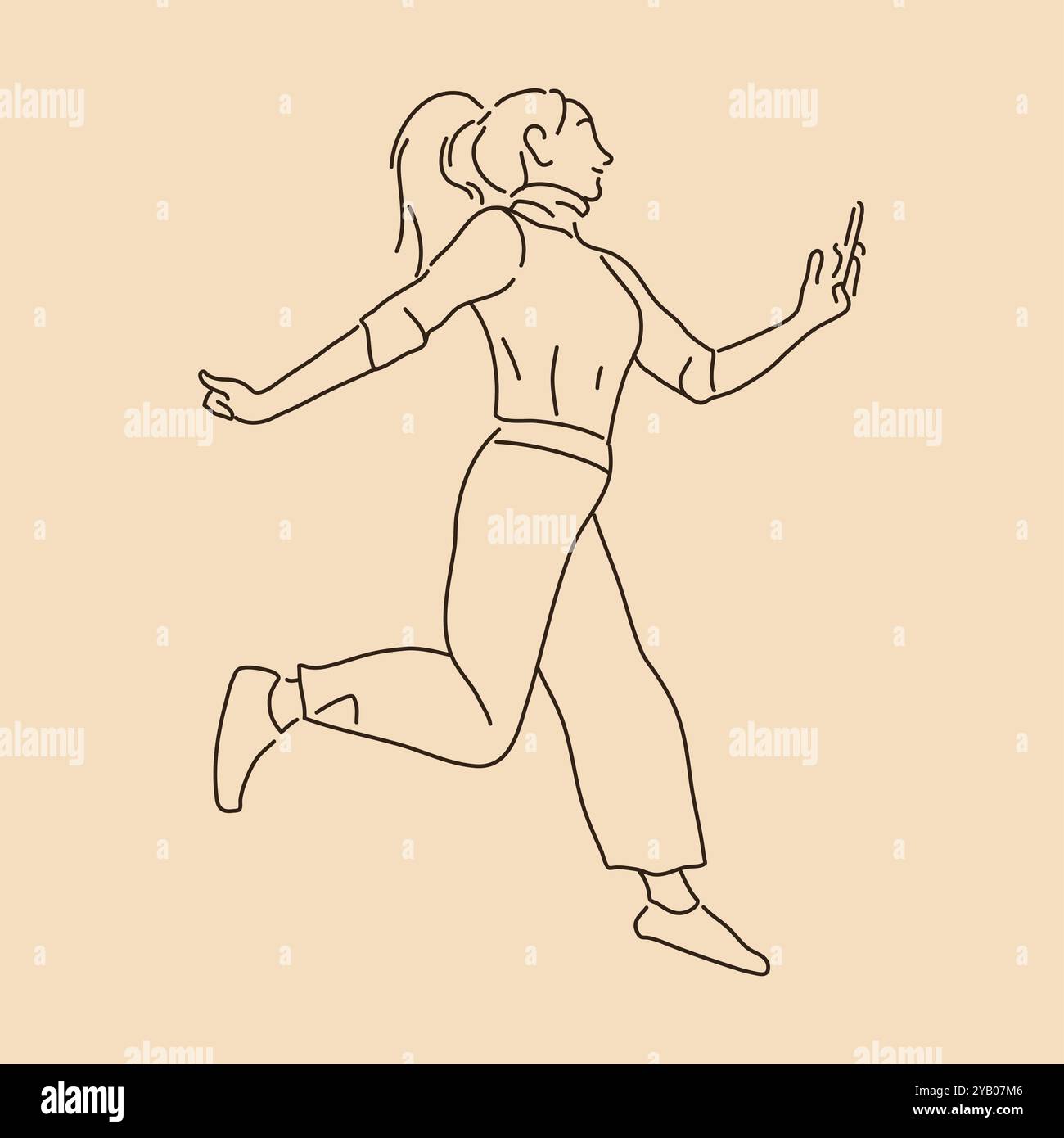 Donna che salta con il telefono. Disegno grafico. Illustrazione vettoriale del contorno dello schizzo Illustrazione Vettoriale
