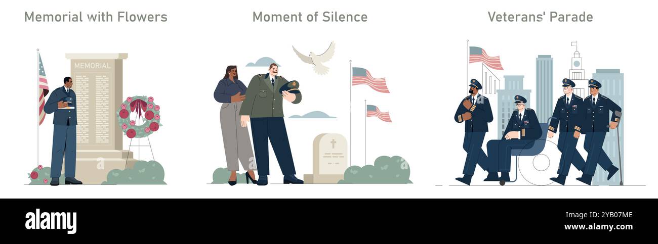 Set tributo ai veterani. Un soldato in un memoriale, un momento di rispetto e una parata militare. Riflessione, onore, celebrazione del servizio. Illustrazione vettoriale. Illustrazione Vettoriale