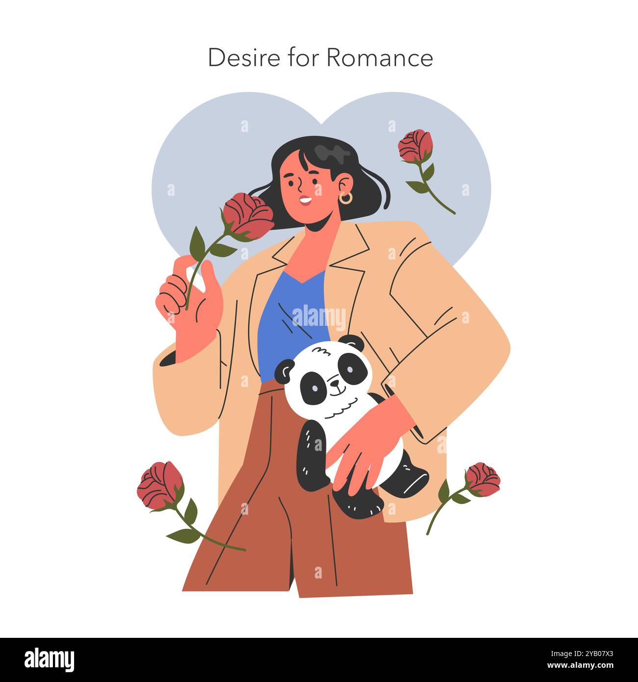 Le esigenze emotive delle donne sono illustrate da un personaggio che tiene in mano una rosa, che cerca affetto e compagnia con un panda morbido. Illustrazione vettoriale. Illustrazione Vettoriale