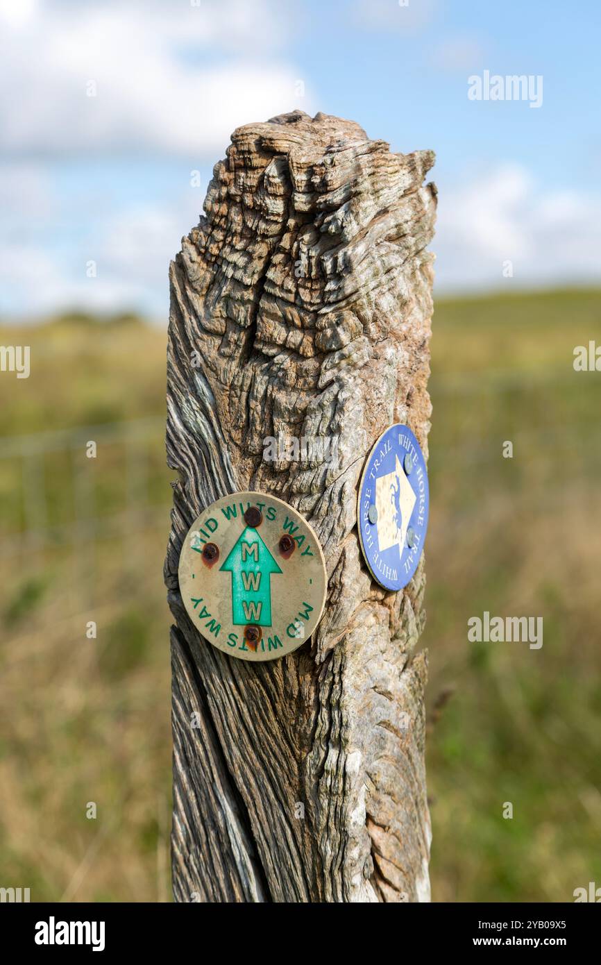 Cartello per posta in legno con segnavia Mid Wilts Way, White Horse Trail, Martinsell Hill, Wiltshire, Inghilterra, REGNO UNITO Foto Stock