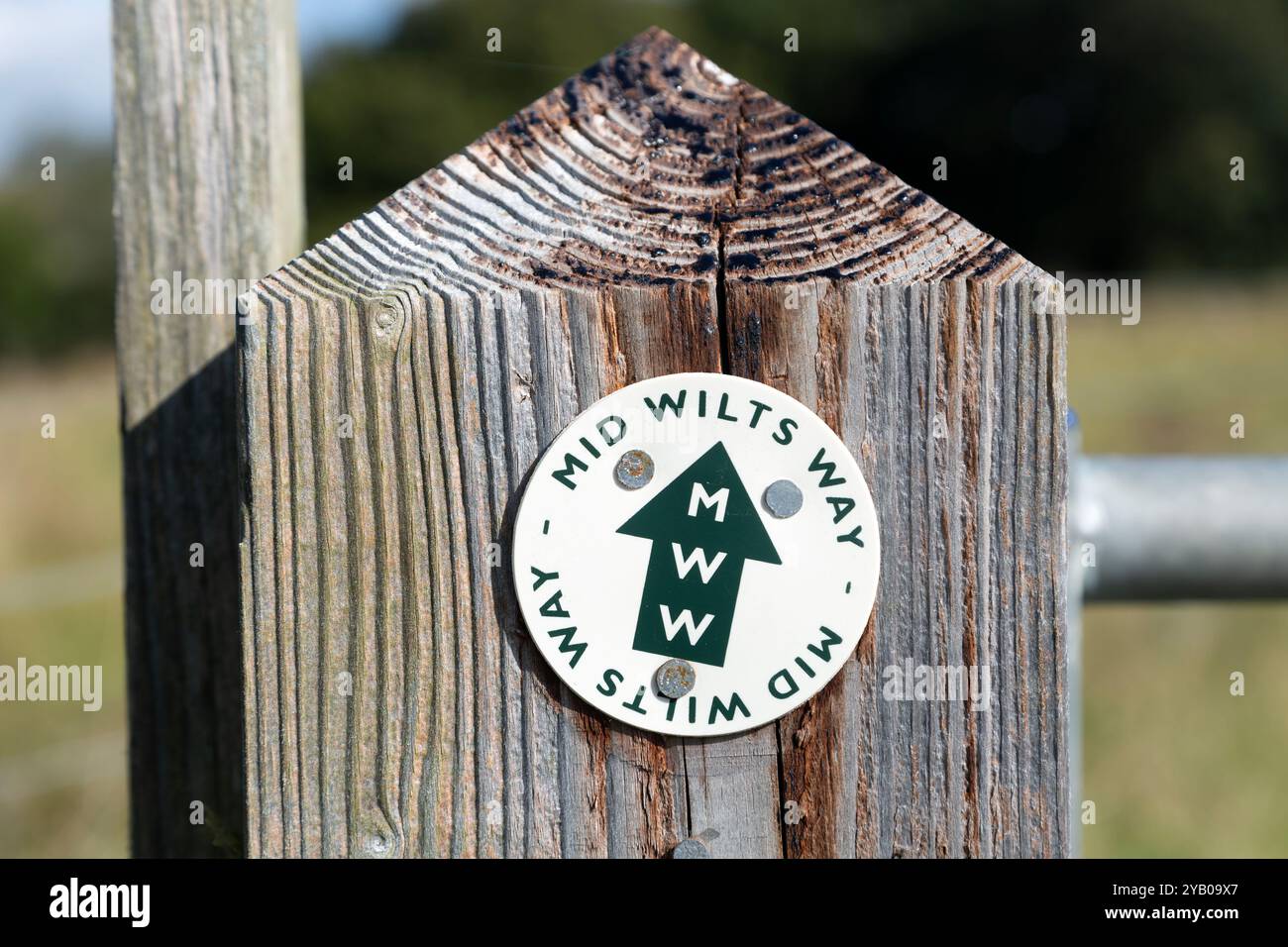 Cartello per posta in legno Mid Wilts Way, Martinsell Hill, Wiltshire, Inghilterra, Regno Unito Foto Stock