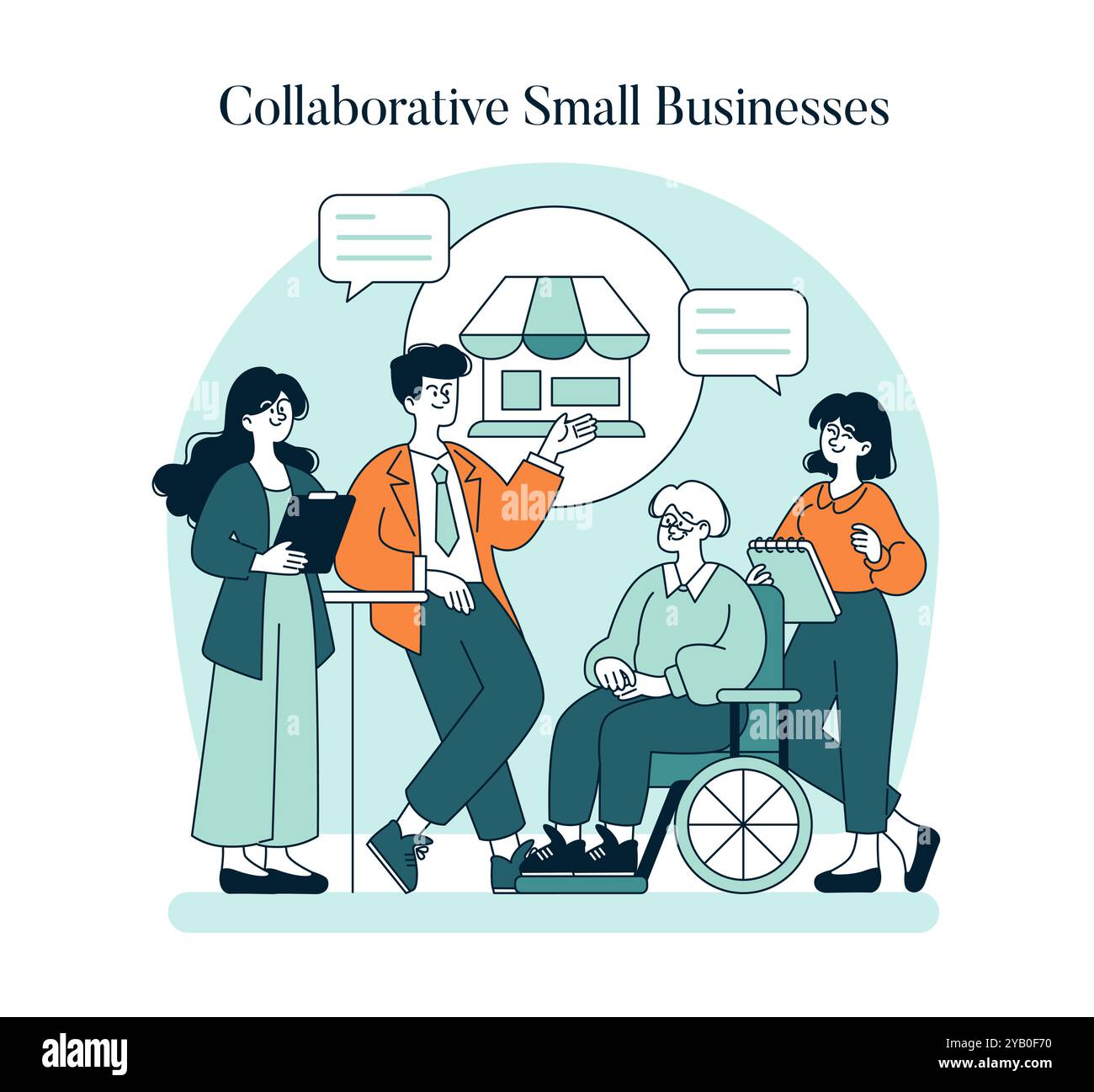 Concetto collaborativo di Small Business Saturday. Gli imprenditori locali discutono le strategie con inclusività e sostegno della comunità. Promozione iniziative locali per lo shopping. Illustrazione vettoriale. Illustrazione Vettoriale