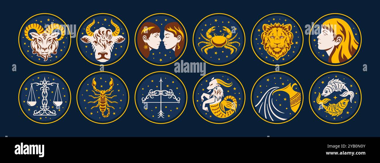 Un insieme di 12 segni astrologici illustrati con oggetti celesti, che incarnano temi di astrologia, misticismo e cosmo, simboleggiano il predictio Illustrazione Vettoriale