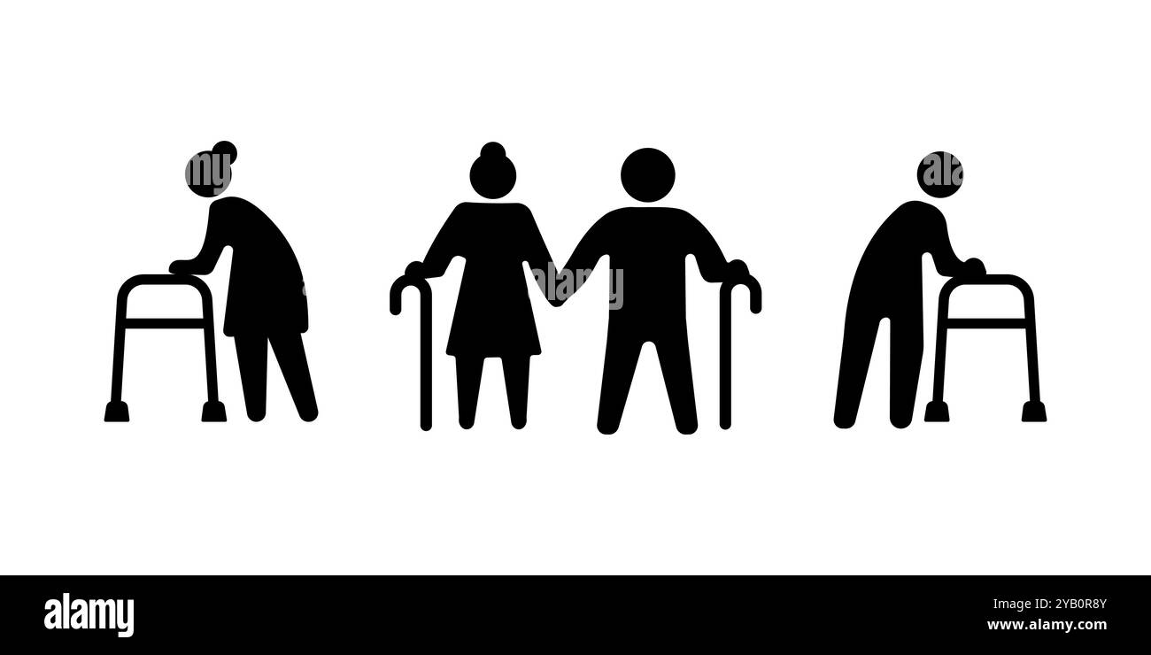 La coppia dei nonni imposta il vettore dell'icona silhouette Illustrazione Vettoriale