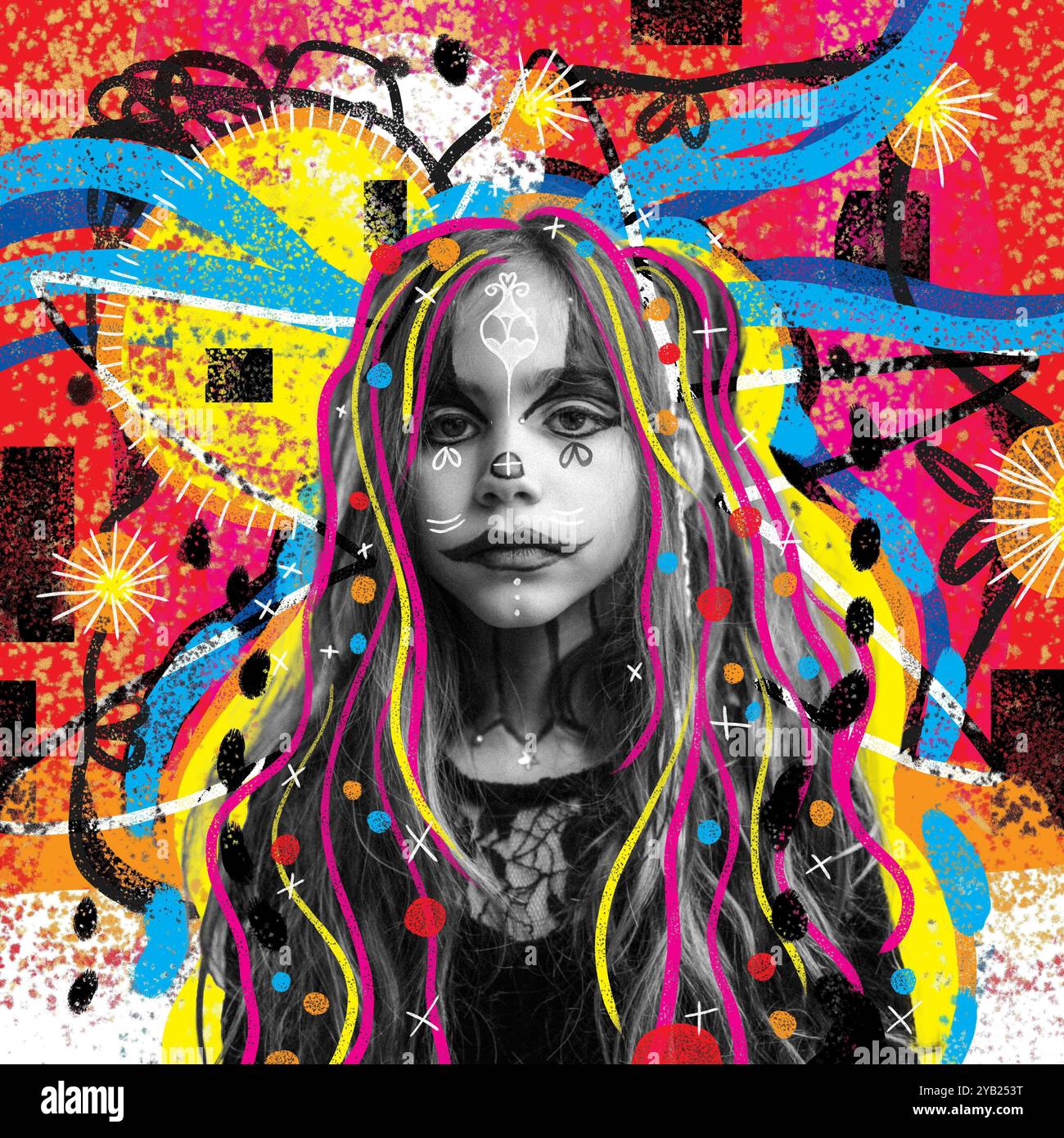 Collage artistico di una ragazza gotica su uno sfondo astratto con colori vivaci e colorati in stile graffiti pop Foto Stock