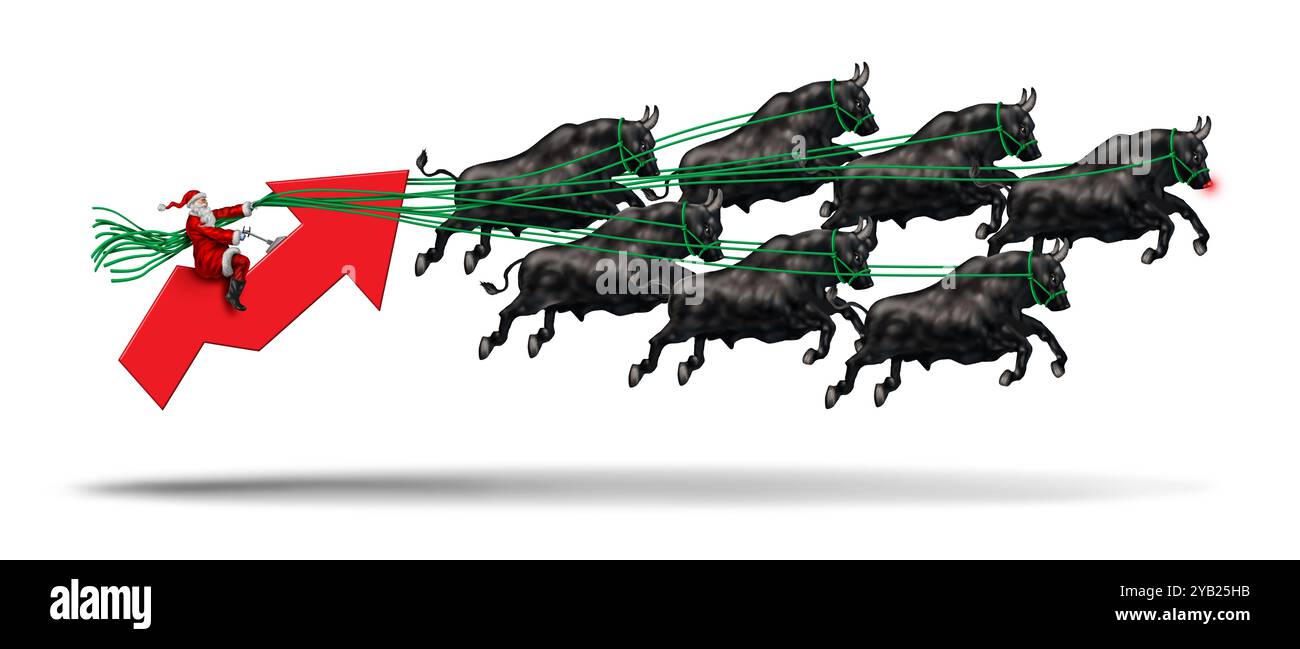 Mercato Bull delle festività natalizie in qualità di broker azionario di santaclaus o consulente finanziario che gestisce un mercato azionario rialzista con una freccia verso l'alto che rappresenta. Foto Stock