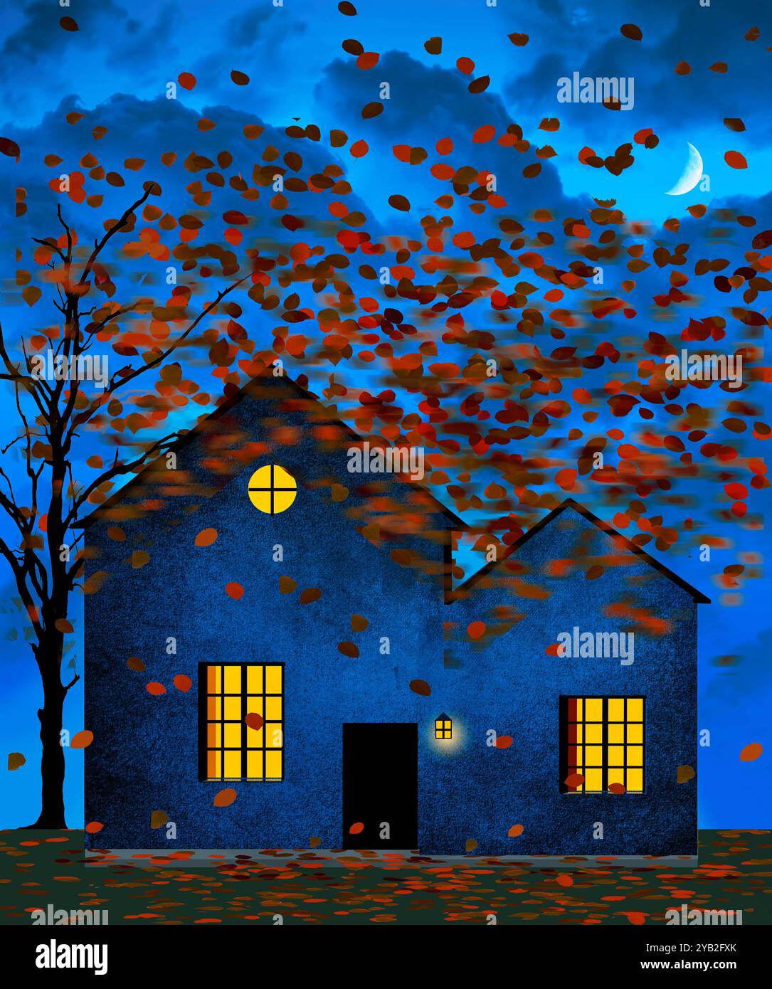 Una piccola casa nel paese è vista di notte al chiaro di luna mentre le foglie d'autunno soffiano al vento in un'illustrazione in 3D. Foto Stock