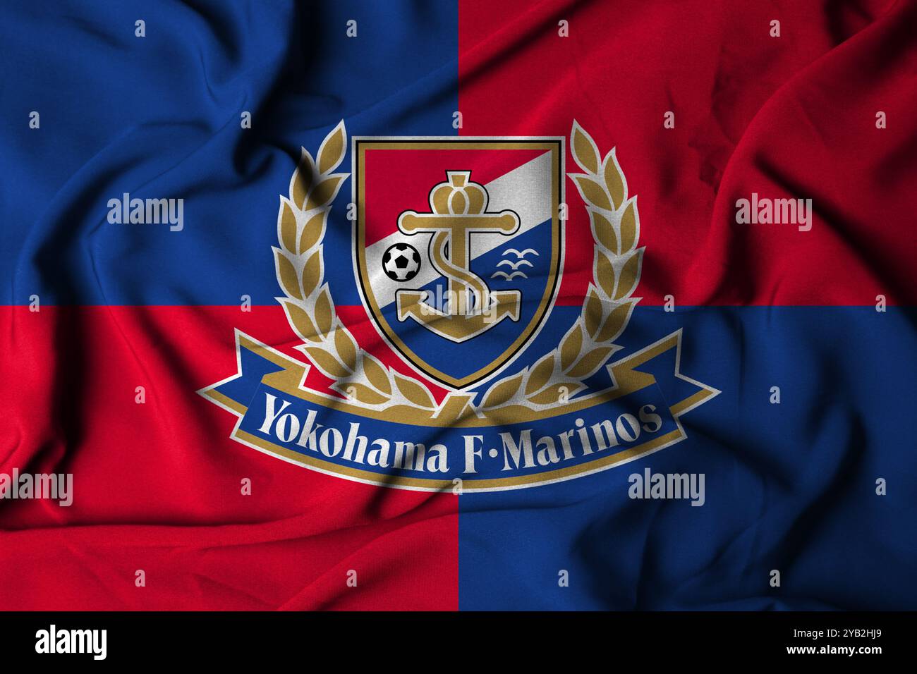Pringsewu, Lampung; 17 ottobre 2024; texture del logo della bandiera di messa a fuoco selettiva sfondo della squadra di calcio Yokohama FM del campionato j1, illustrazione 3D. Foto Stock