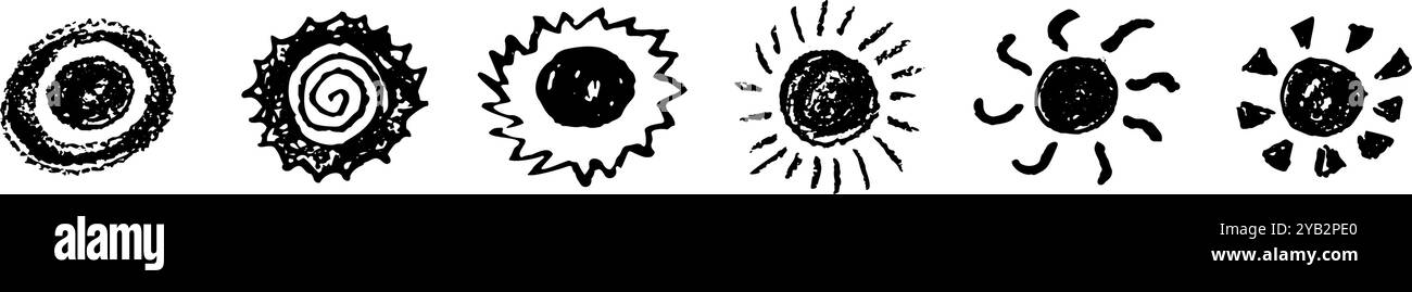 Un set di divertimento come il bambino che disegna il sole nero. Collezione dipinta con pastelli pastello o icone assolate a cera. Simboli del cielo estivo. Consistenza grezza del gesso Illustrazione Vettoriale