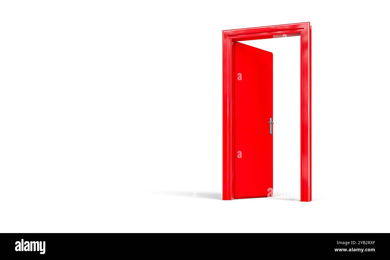 Lo sportello rosso si apre su nuove possibilità su sfondo bianco 3d. Foto Stock