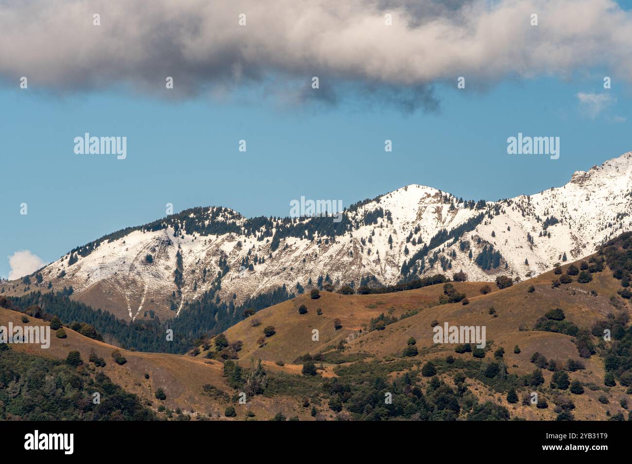 Panorama delle montagne: I campi verdi e le cime innevate si fondono in un paesaggio naturale ad alto contrasto. Nuvole in arrivo. Foto Stock