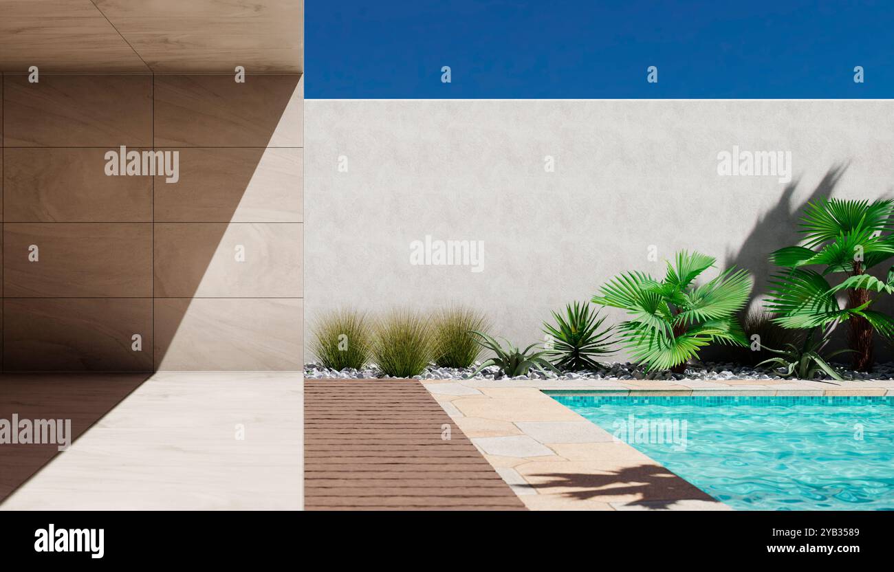 Giardino tropicale e piscina in una moderna casa vacanze di lusso. Sfondo del design architettonico del deserto. Villa mediterranea con pareti vuote in cemento Foto Stock