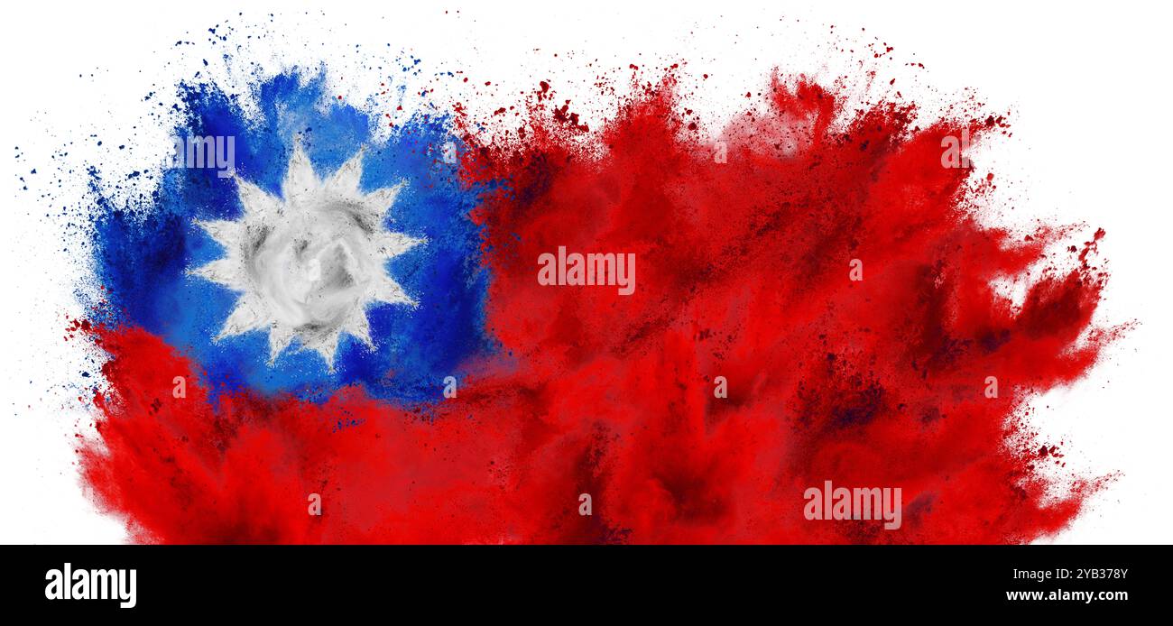 bandiera colorata di taiwan con esplosione di polvere di vernice holi di colore bianco rosso e blu isolata su sfondo bianco. asia taiwanese coreano nazionale asiatico Foto Stock