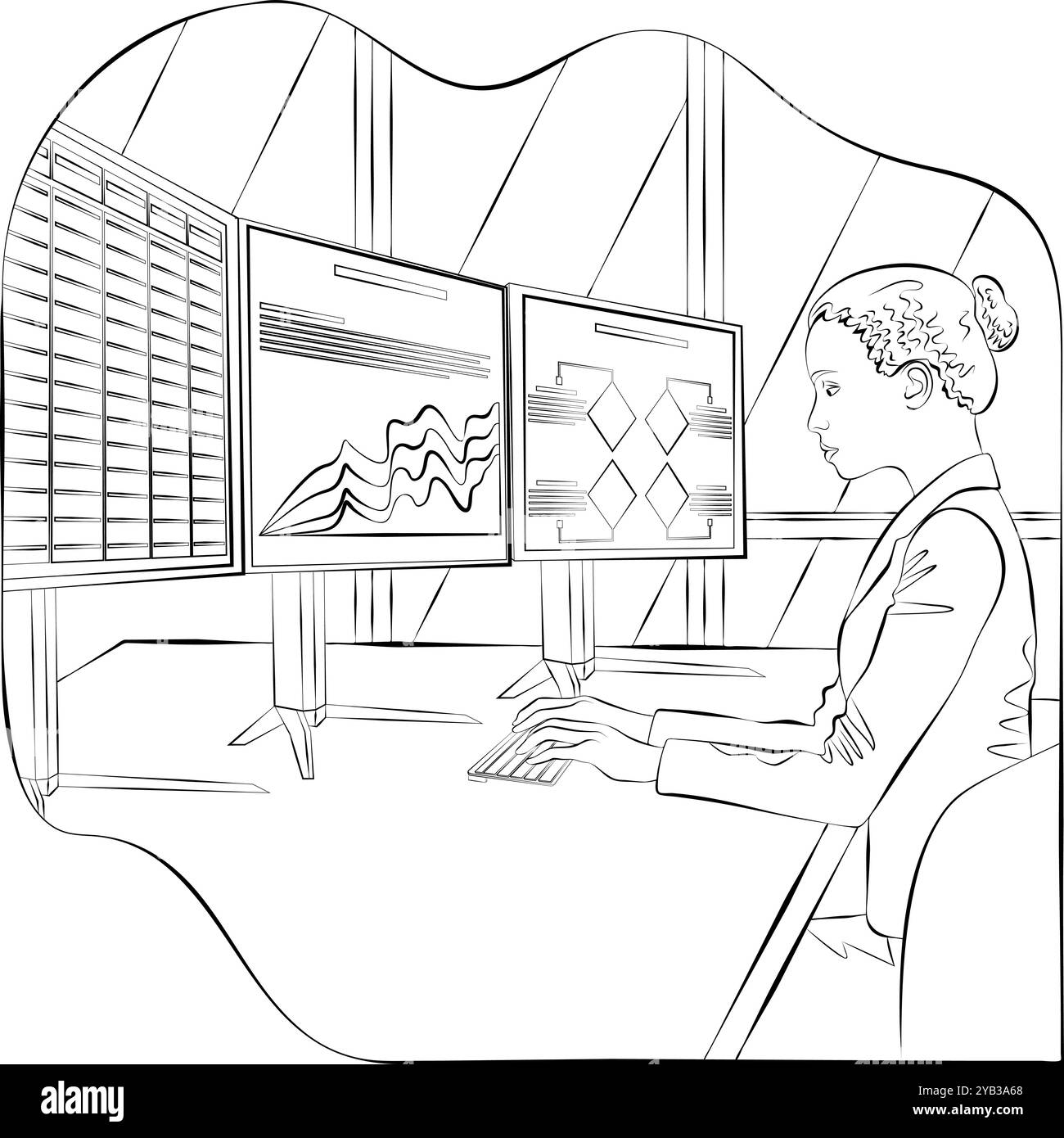 Una donna sta studiando i rapporti per identificare e comprendere i problemi nel processo decisionale. Concetto di business. Schizzo. Illustrazione vettoriale. Illustrazione Vettoriale