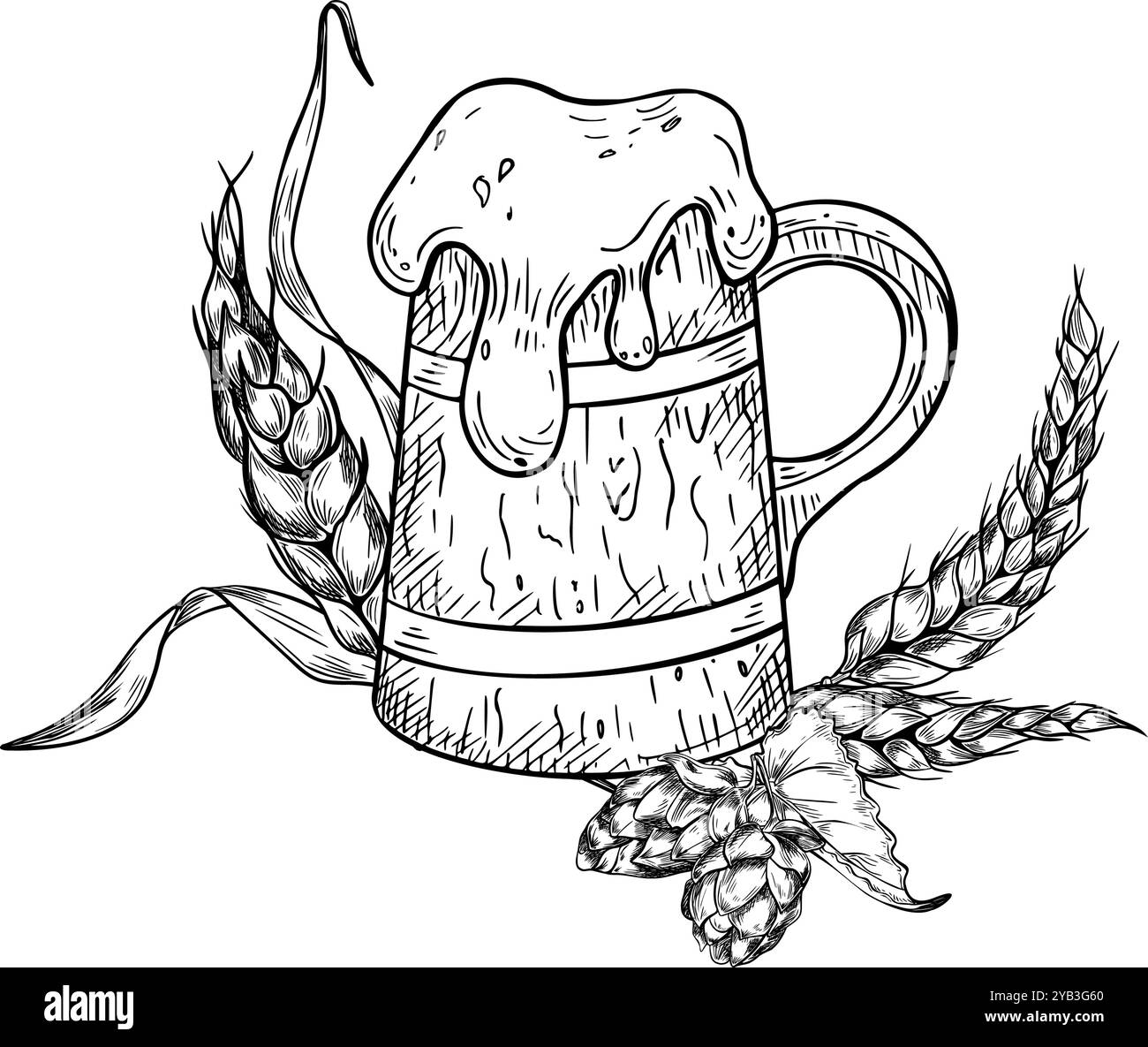 Tankard di birra e tappo in schiuma bianco nero illustrazione vettoriale isolata. Birra Stein, grano dell'orecchio, incisione a luppolo a cono. Tazza di birra in legno a mano Illustrazione Vettoriale