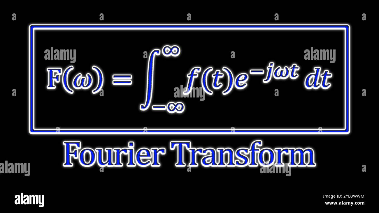 Definizione della formula di trasformazione di Fourier (FT) in blu 3D rispetto al nero. Trasformazione integrale che converte il segnale tra il dominio tempo/frequenza Foto Stock