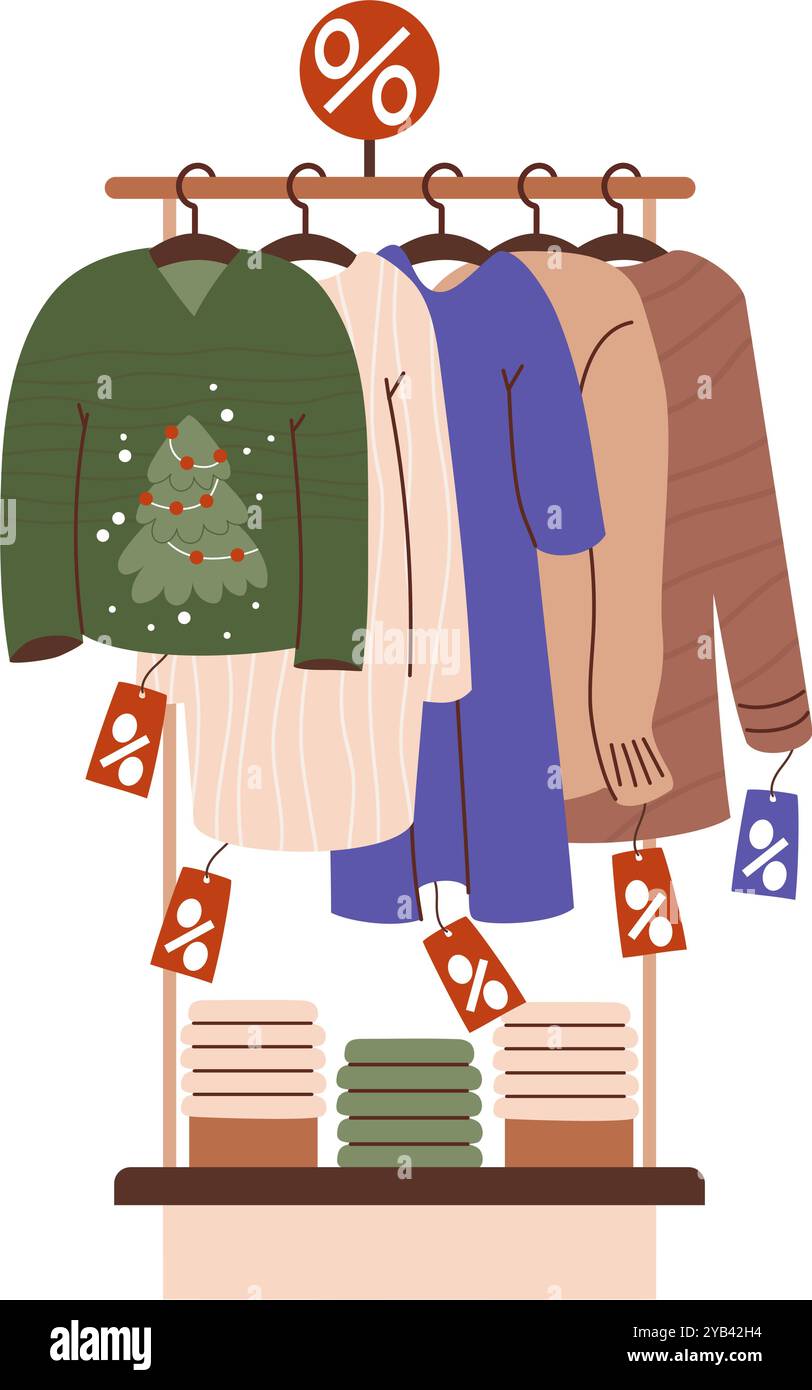 Promozione di Capodanno. Negozio di articoli per lo shopping natalizio. Acquista un portapacchi con abiti alla moda e un brutto maglione natalizio con un albero su grucce. Illustrazione vettoriale. Concetto S Illustrazione Vettoriale