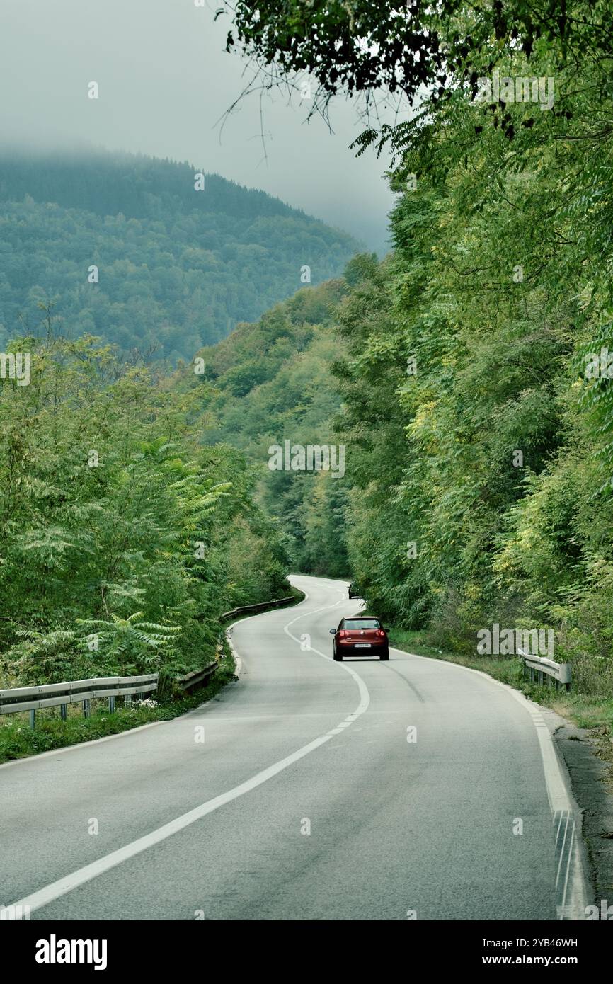 L'auto sta guidando lungo una foresta, Foca, nella parte orientale della Bosnia ed Erzegovina Foto Stock