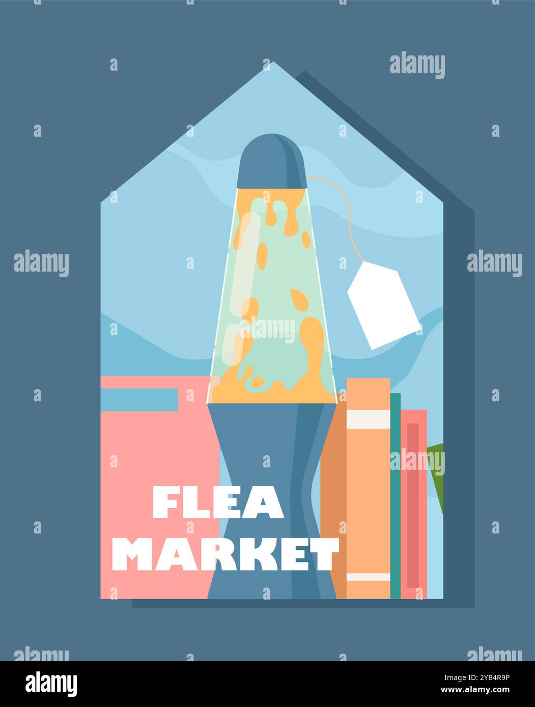 Adesivo di seconda mano. Lampada retrò con tag. Vendita garage per i vicini. Commercio e merchandising. Mercato delle pulci e bazar. Poster o banner. Vettore piatto Illustrazione Vettoriale
